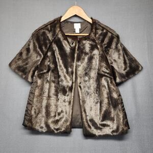 Chicos Faux Fur Cape Jacket Womens 0 US Small Brown Short Sleeve Toggle Closure